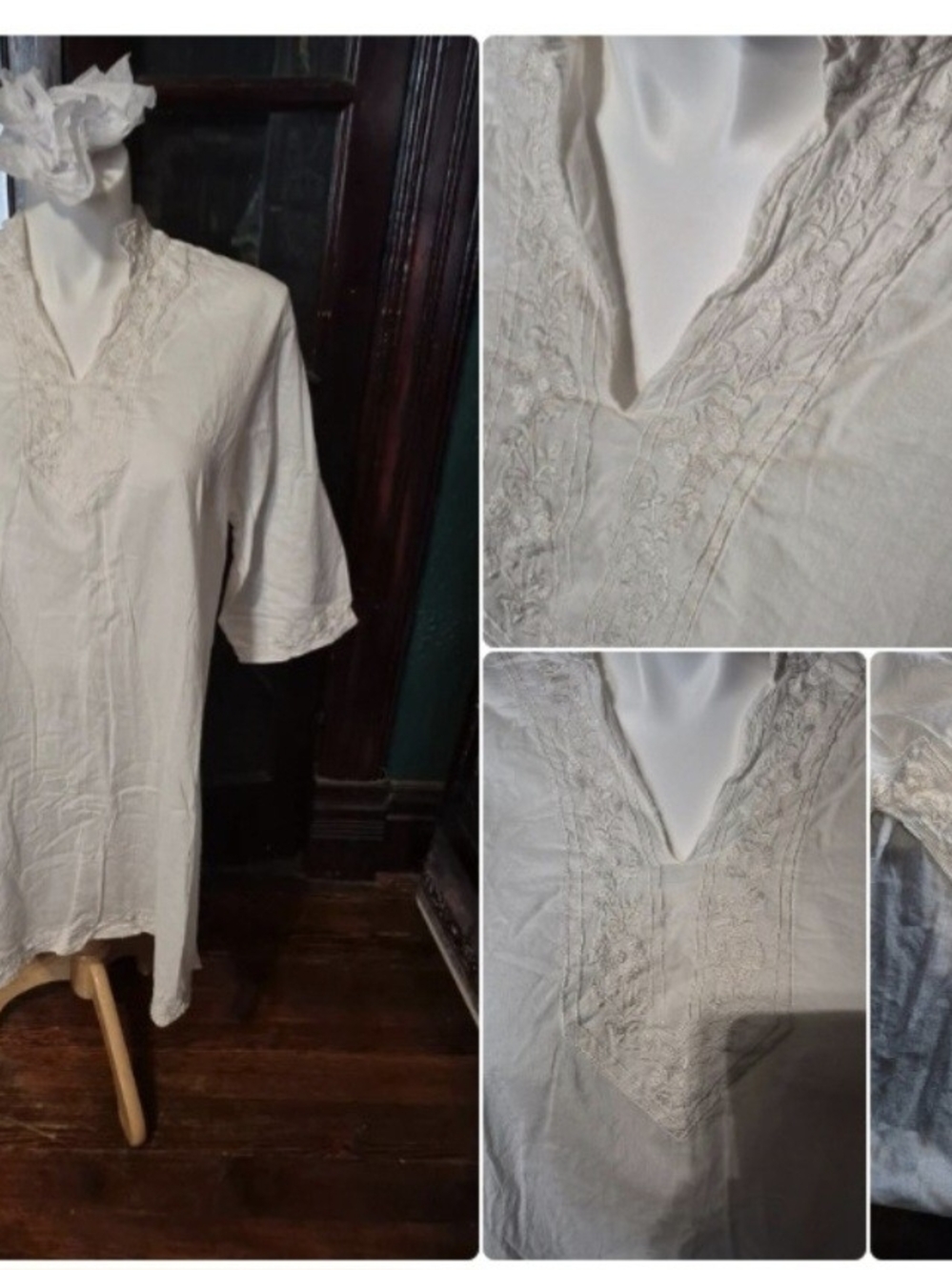 Cream Embroidered V-Neck Tunic with Short Sleeves